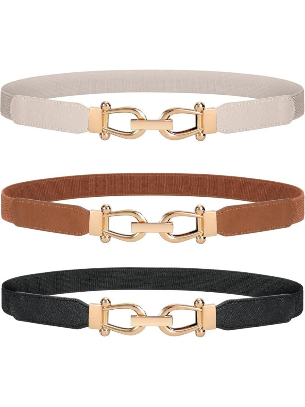 Women's Black Brown Beige Retro Stretch Adjustable Belt 3-Pcs With Gold Buckle